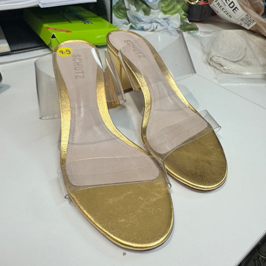 Schutz Clear Metallic Gold Heels Size 9.5