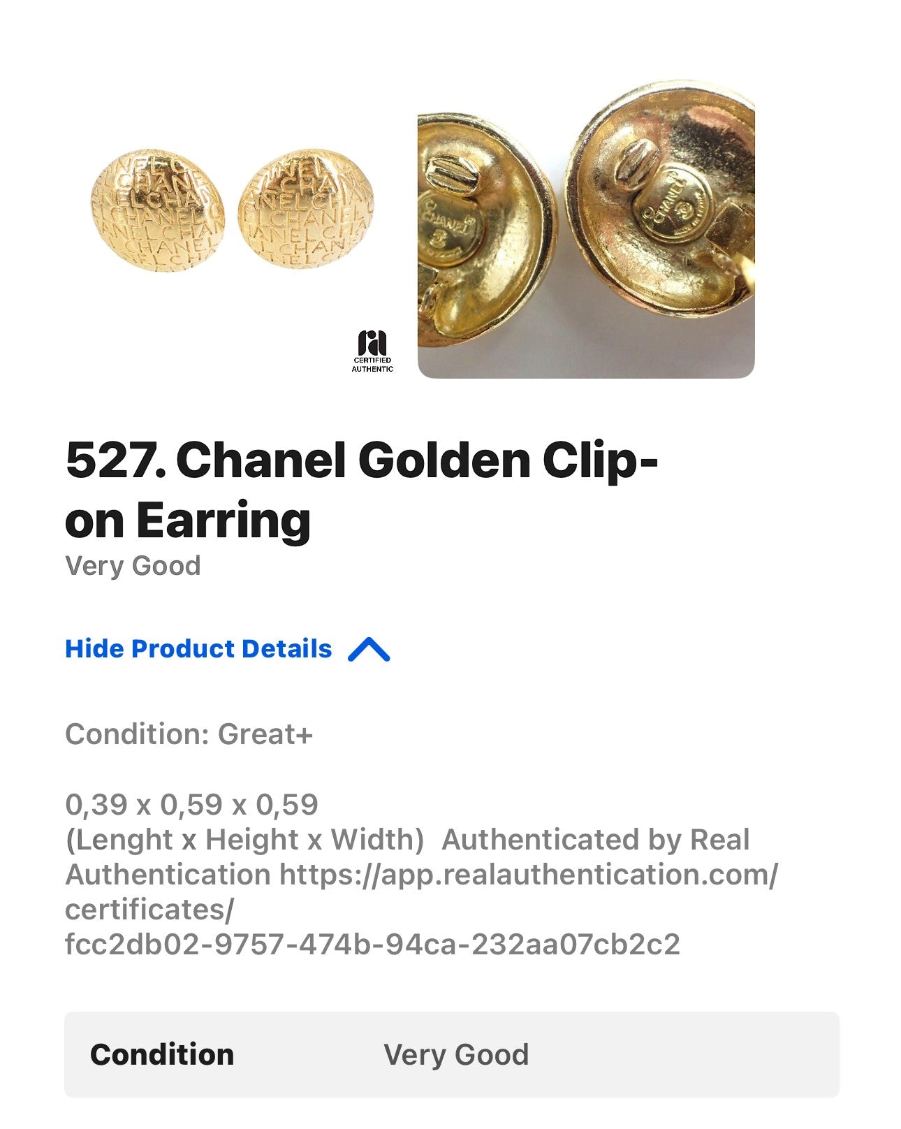 Vtg 80/90s Chanel Clip-on Gold Earrings