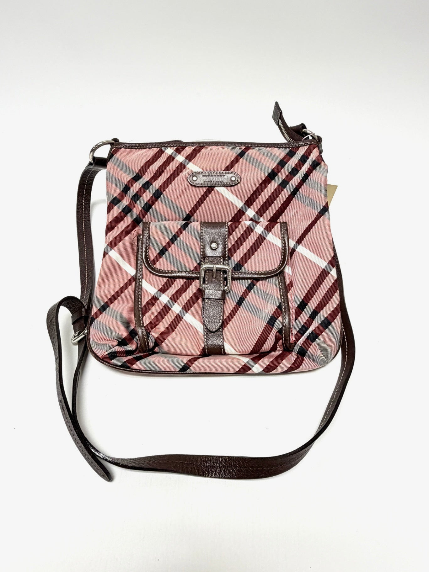 Lynn's Closet Boutique Burberry pink house check crossbody bag with dark brown leather trim and front buckle pocket.