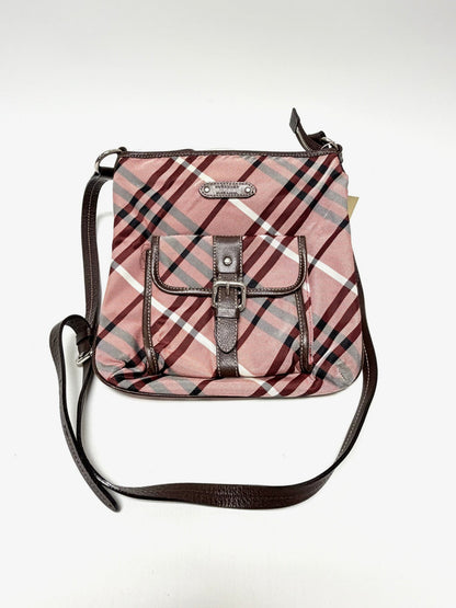 Lynn's Closet Boutique Burberry pink house check crossbody bag with dark brown leather trim and front buckle pocket.