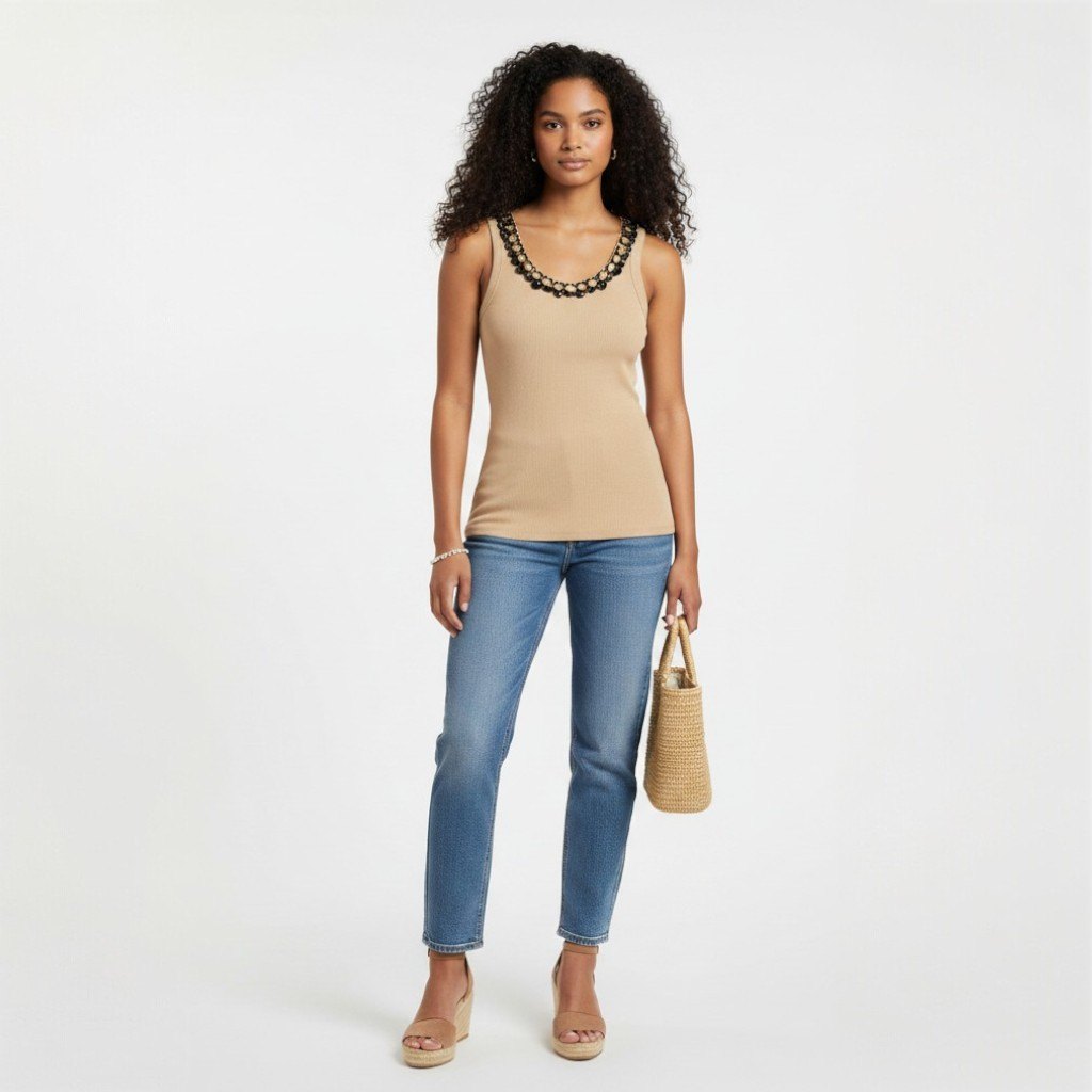 Carlisle Beaded Trim Tan Tank Size L