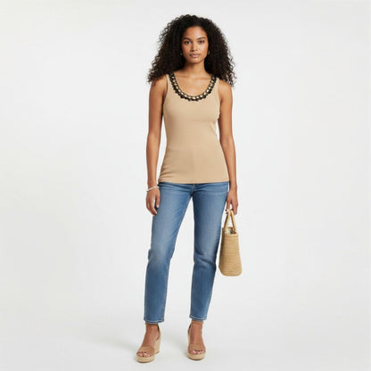 Carlisle Beaded Trim Tan Tank Size L