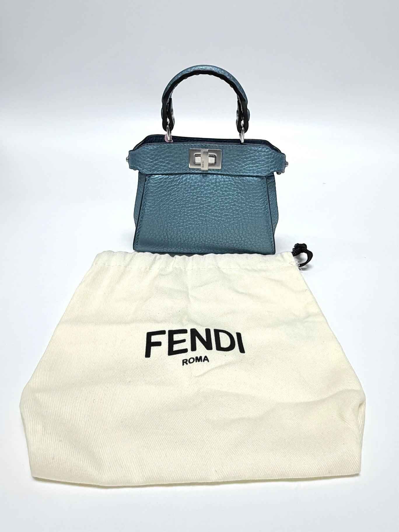 Fendi Nano/Micro Peekaboo Selleria Metallic Lagoon Blue Bag