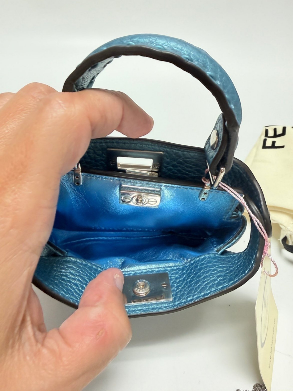 Fendi Nano/Micro Peekaboo Selleria Metallic Lagoon Blue Bag
