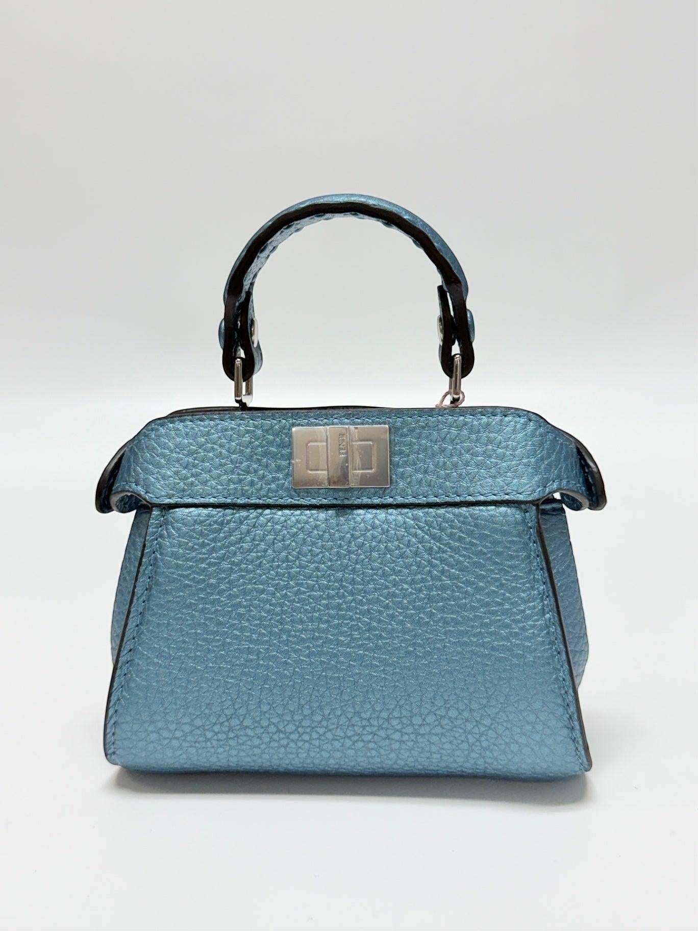 Fendi Nano/Micro Peekaboo Selleria Metallic Lagoon Blue Bag