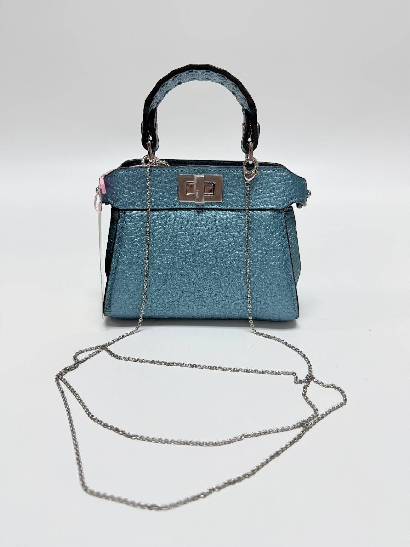 Fendi Nano/Micro Peekaboo Selleria Metallic Lagoon Blue Bag