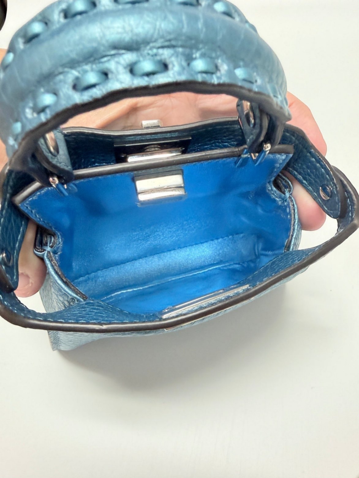 Fendi Nano/Micro Peekaboo Selleria Metallic Lagoon Blue Bag