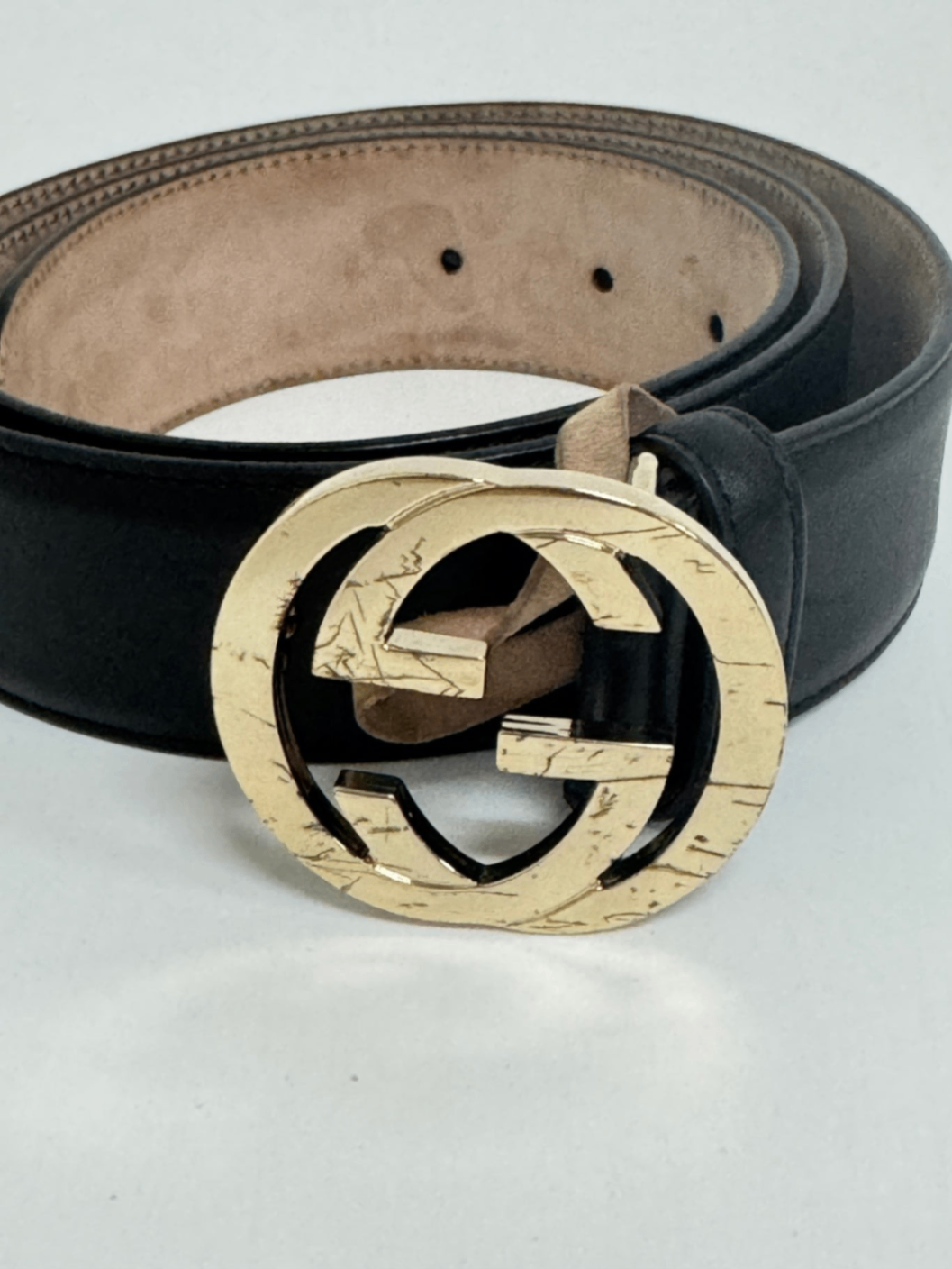 Gucci Black Calfskin Leather Gold Interlocking G Buckle Belt 85/34