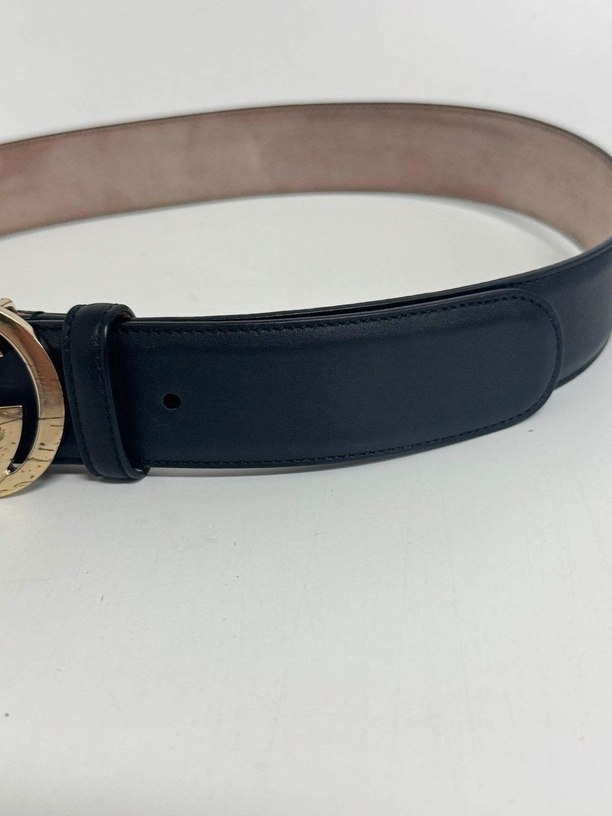 Gucci Black Calfskin Leather Gold Interlocking G Buckle Belt 85/34