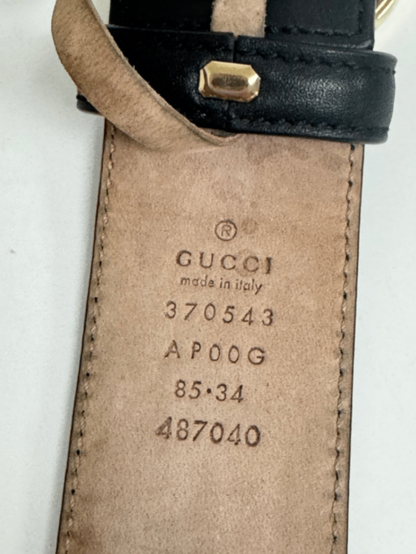 Gucci Black Calfskin Leather Gold Interlocking G Buckle Belt 85/34