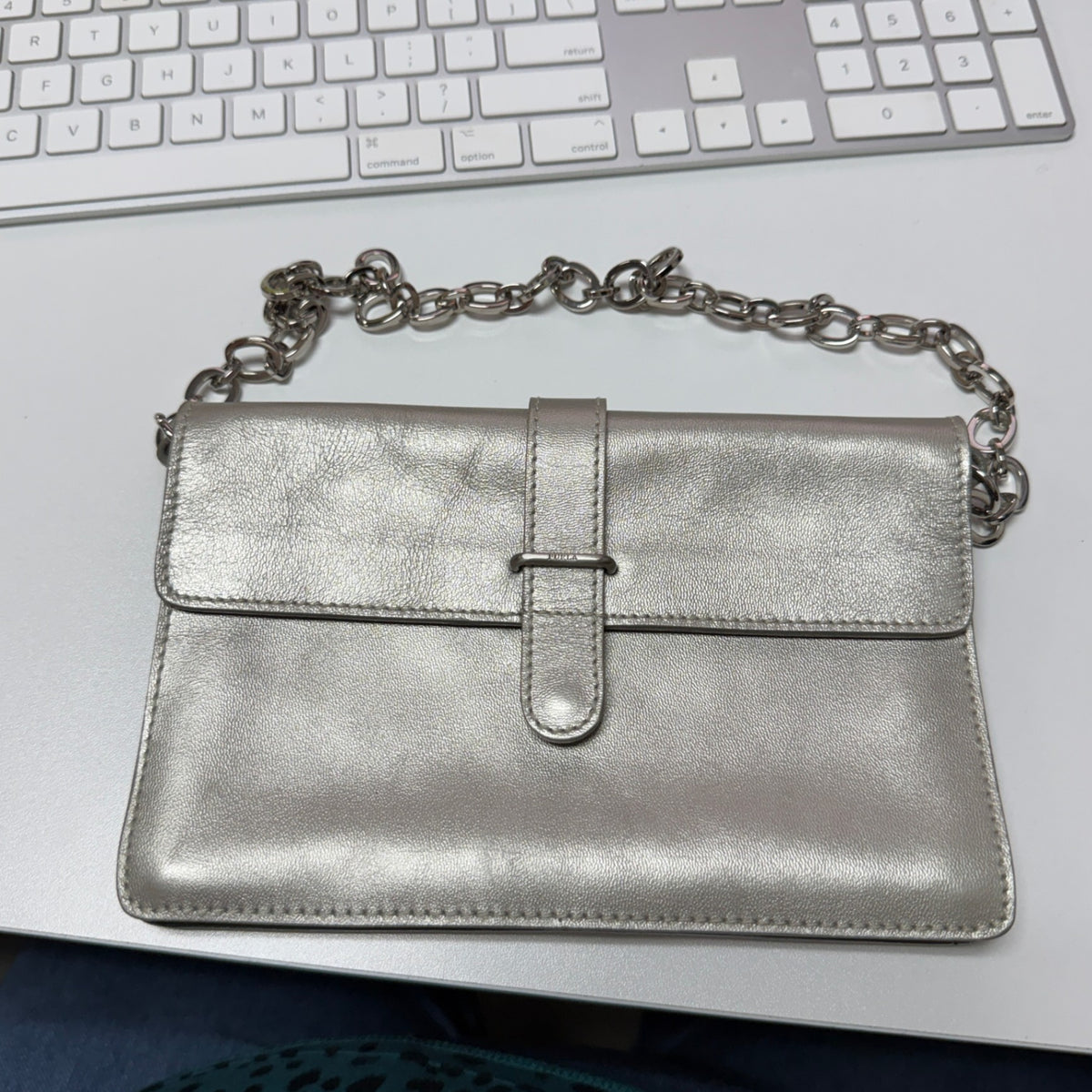 Furla Silver Metallic Leather Chain Shoulder Bag