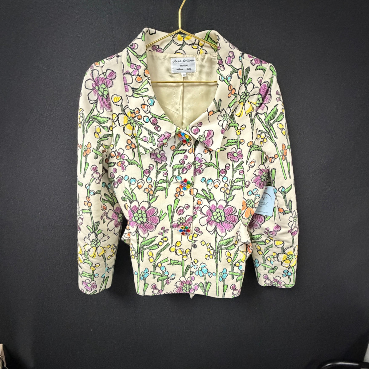 Anna de Rossi Couture Floral Jacquard Jeweled Button Jacket Size S