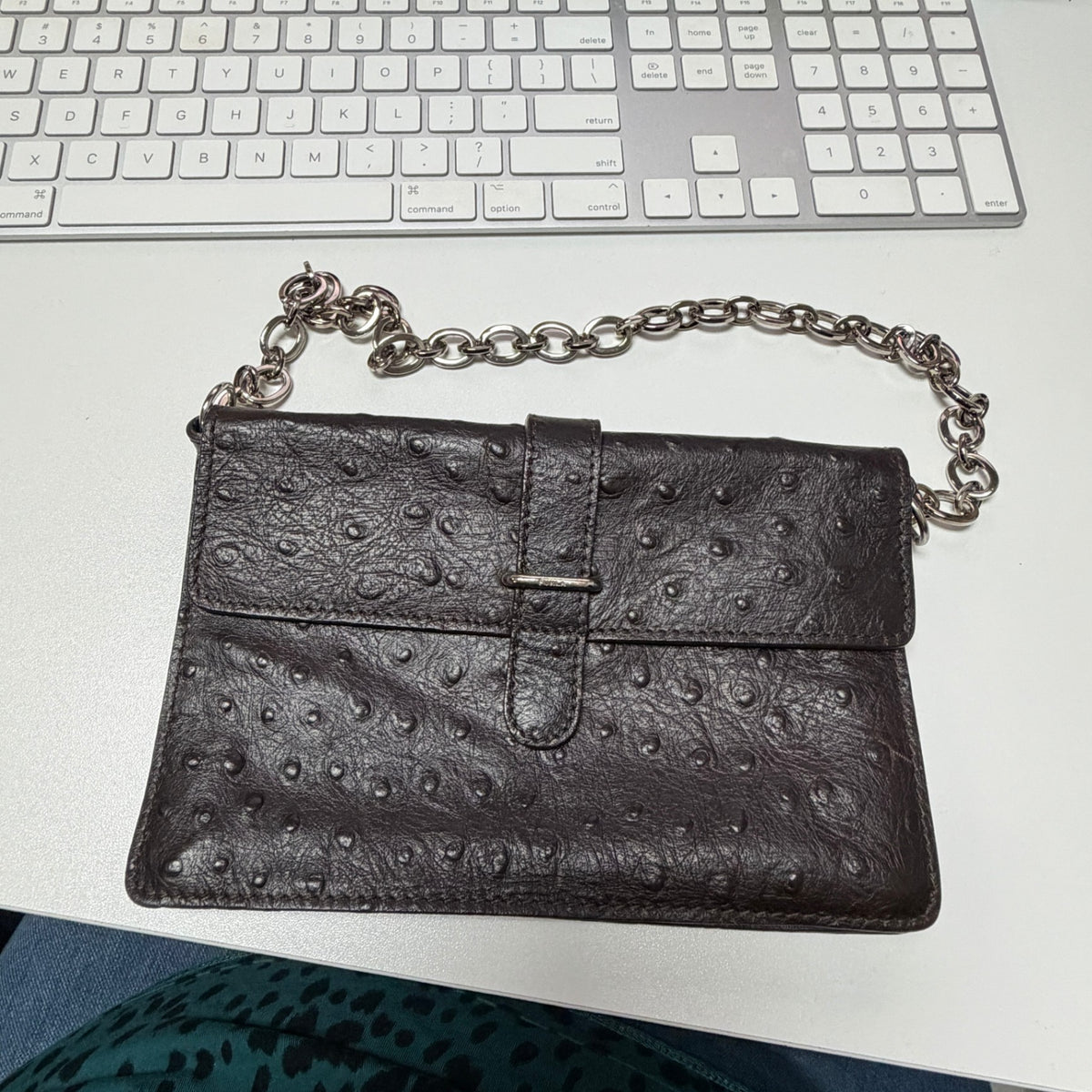 Furla Brown Ostrich Leather Chain Shoulder Bag