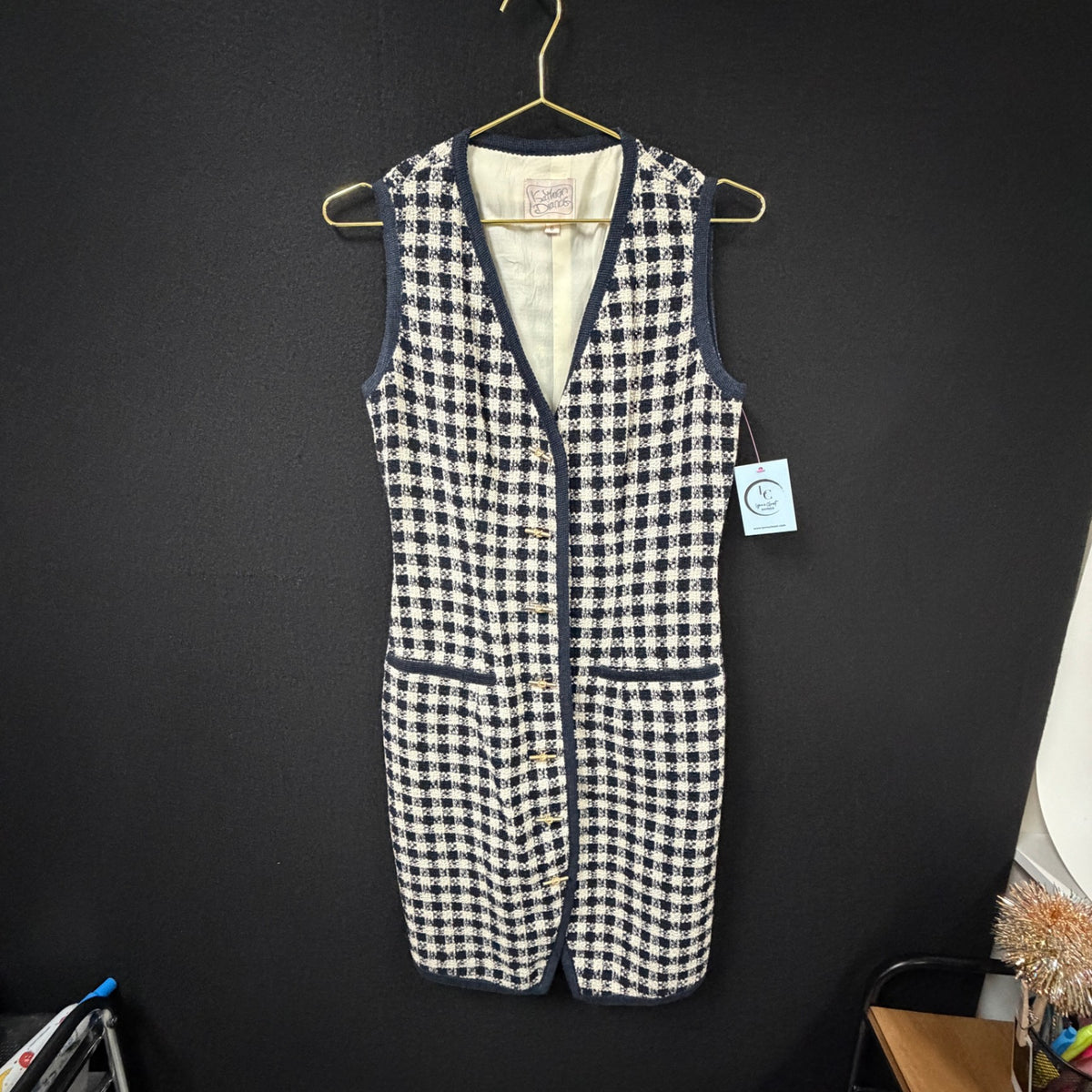 Kathryn Dianos Navy Cream Tweed Vest Dress Size 6