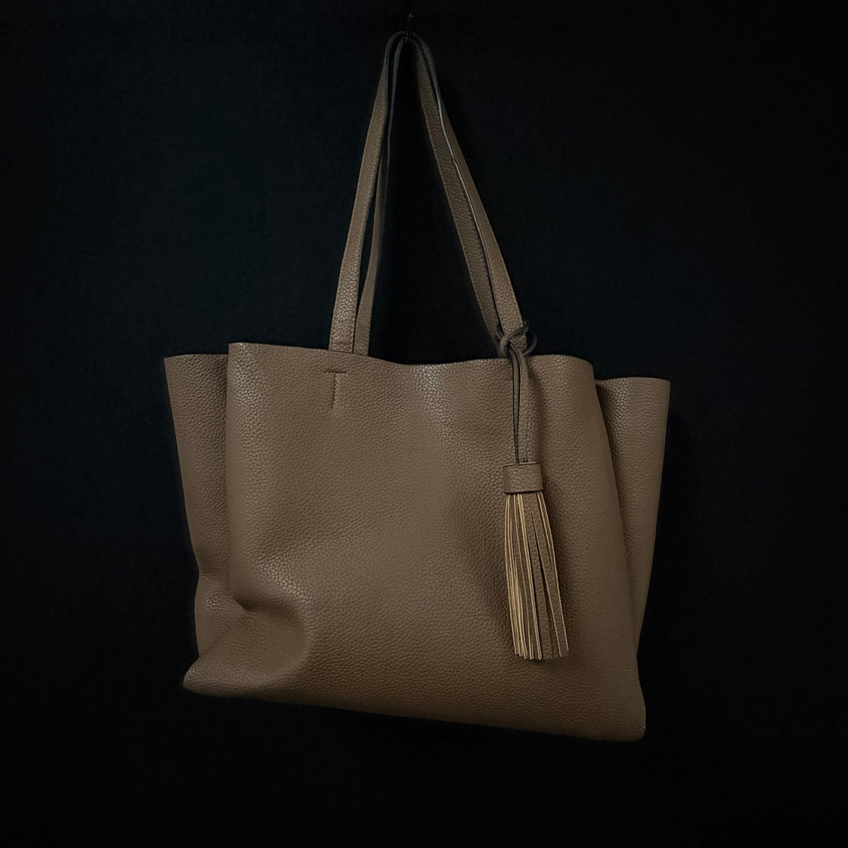 Taupe Pebbled Faux Leather Tassel Tote