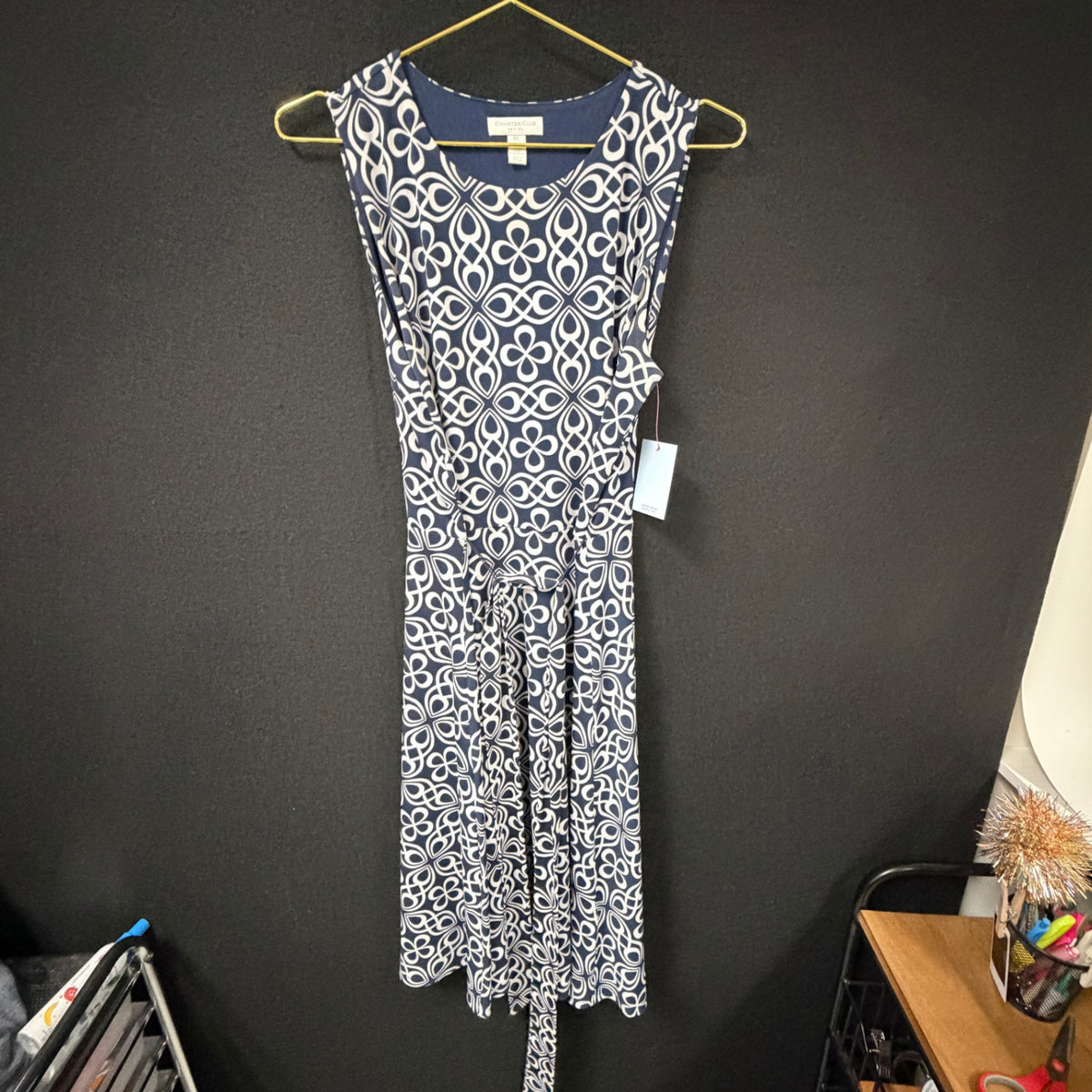 Charter Club Petite Navy White Geometric Belted Dress Size PL