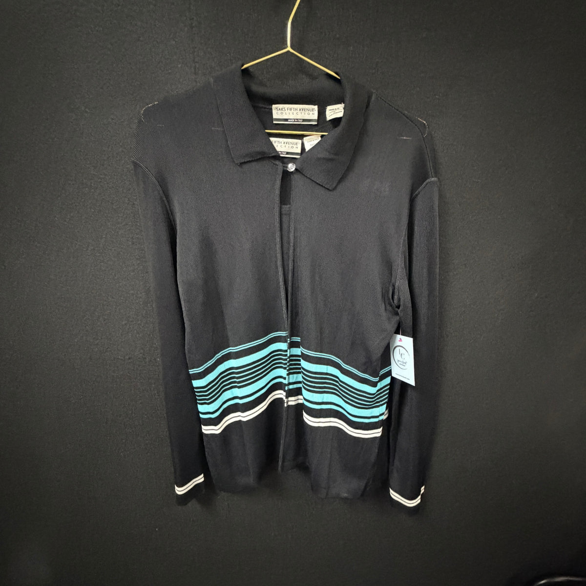 Saks Fifth Avenue Black Turquoise Striped Twin Set Cardigan & Shell Size L
