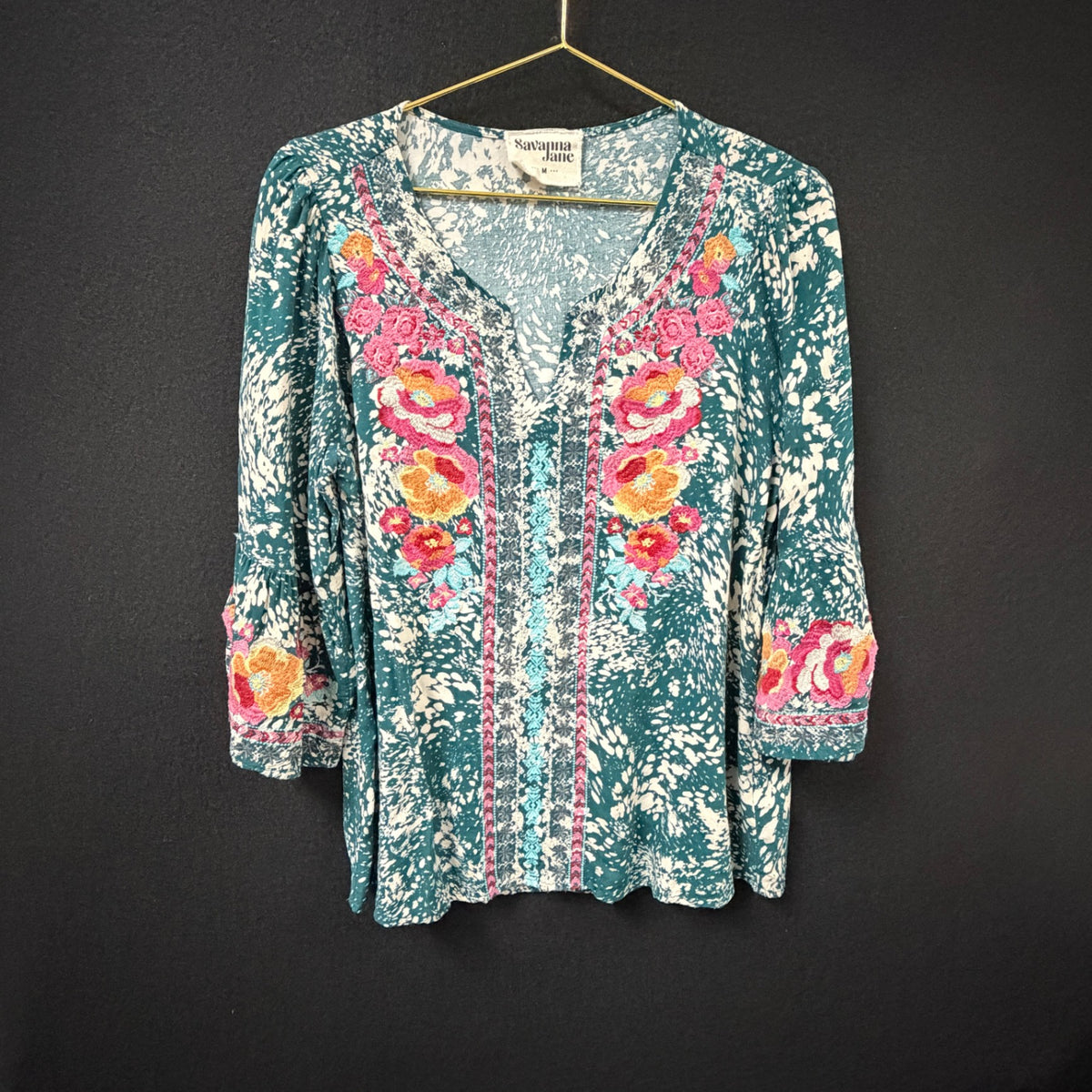 Savanna Jane Teal Floral Embroidered V-Neck Bell Sleeve Top Size M