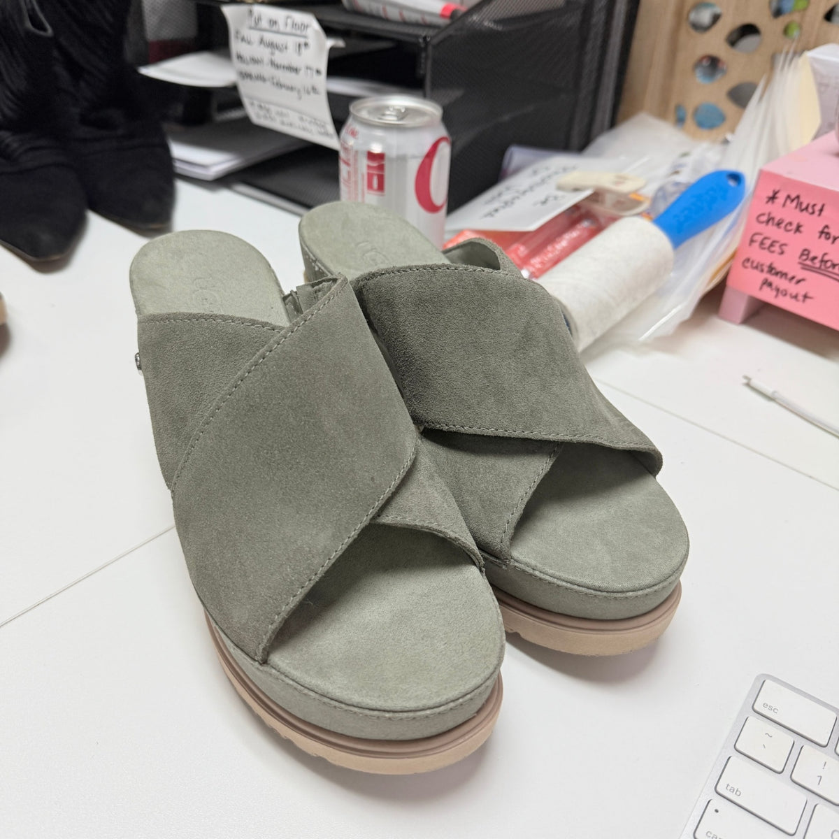 UGG Abbot Slide Moss Green Suede Wedge Sandals Size 7.5