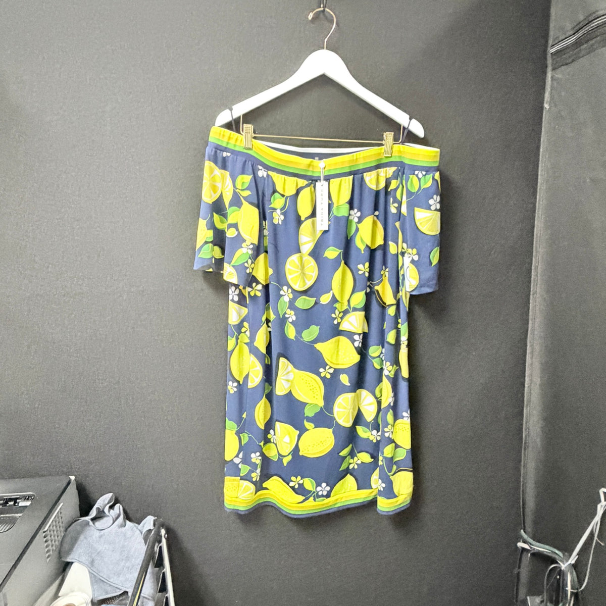 Trina Turk Kelso Navy Lemon Print Off Shoulder Dress Size XL