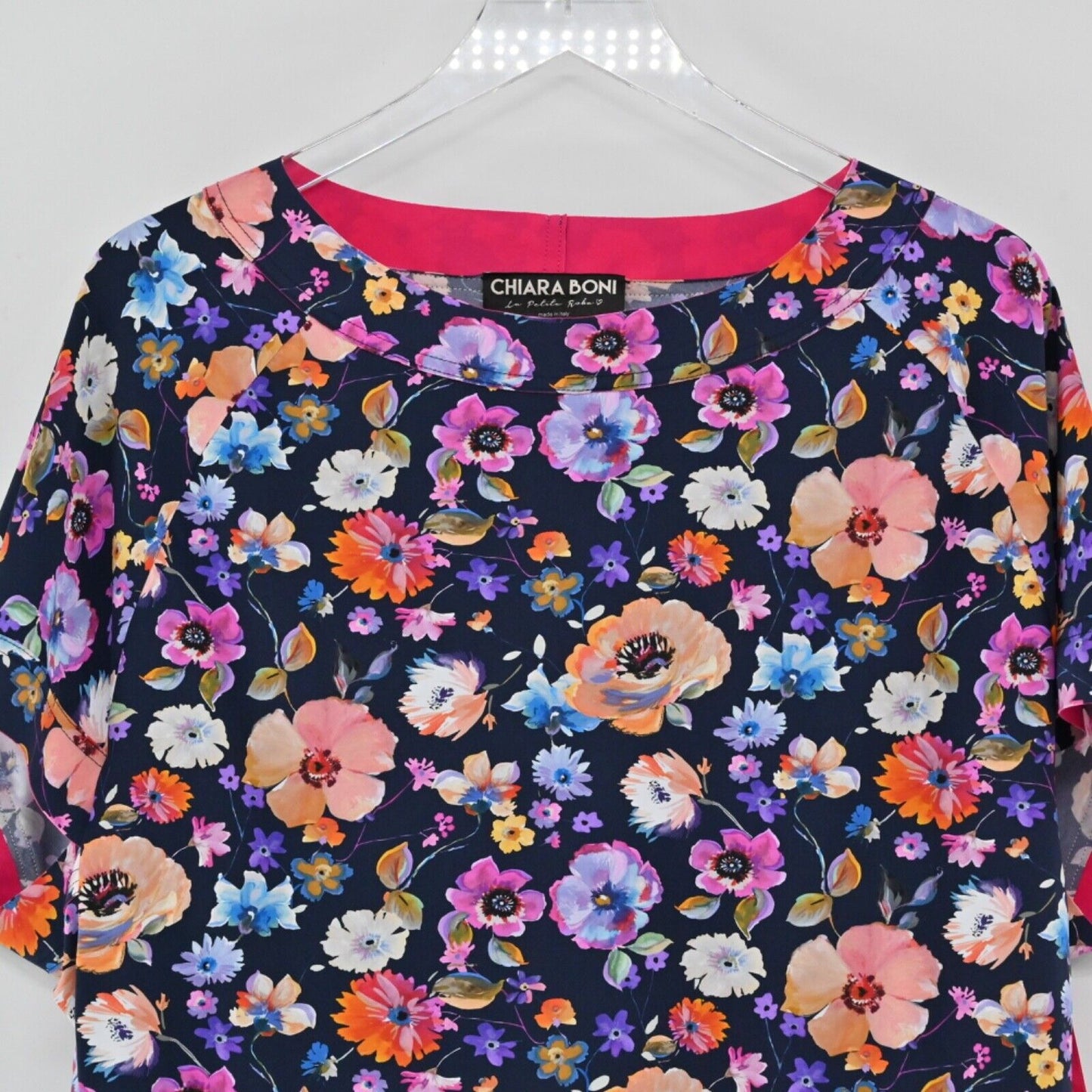 CHIARA BONI Top Womens Size M Navy Blue Floral Dolman Short Sleeve Preppy Boho