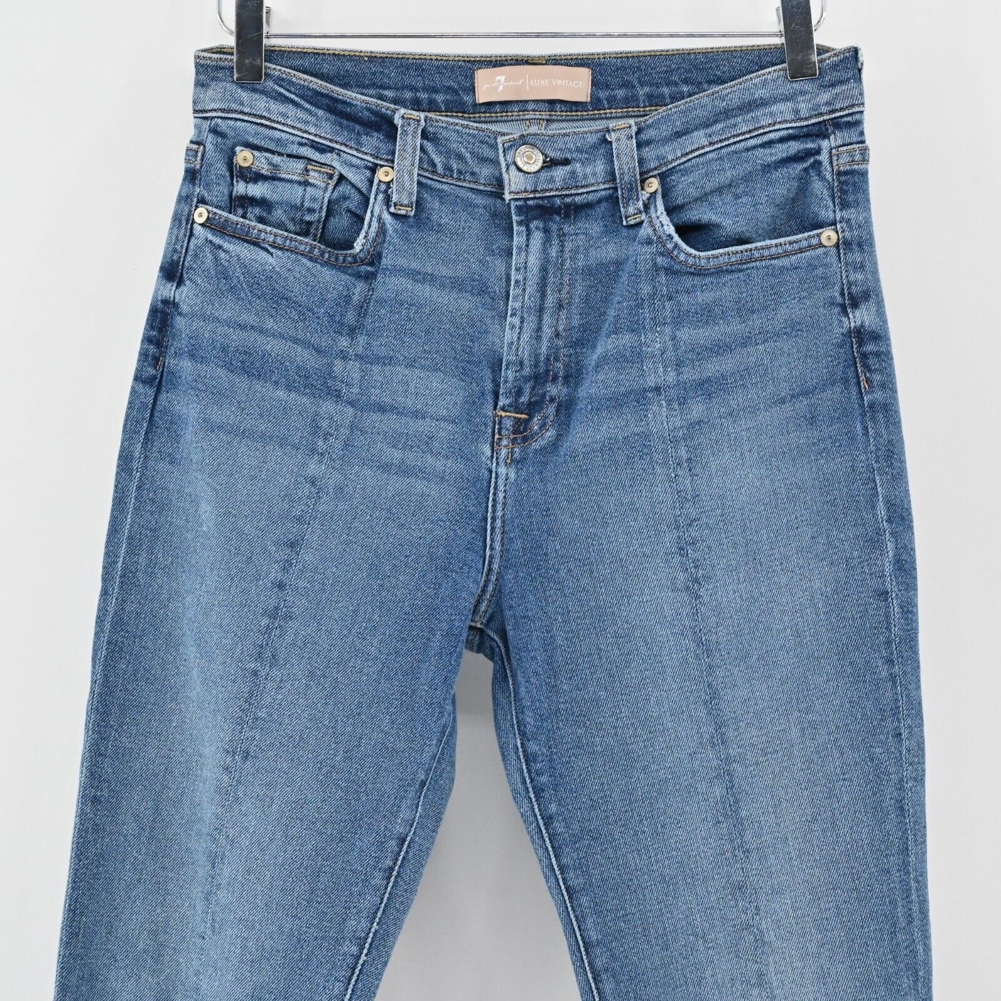 7FAM Jeans Womens Size 29 Luxe Vintage High Rise Slit Blue Denim Flare Raw Hem