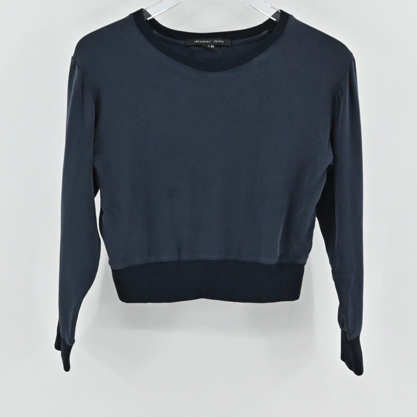Theyskens Theory Womens Silk Top Size 0 Navy Minimalist Long Sleeve Pullover