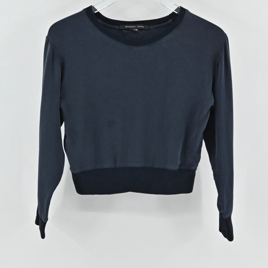 Theyskens Theory Womens Silk Top Size 0 Navy Minimalist Long Sleeve Pullover