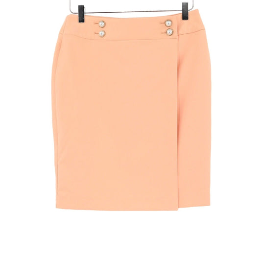 New CALVIN KLEIN Skirt Womens Size 6P Peach Coral Faux Wrap Pencil Pearl Button