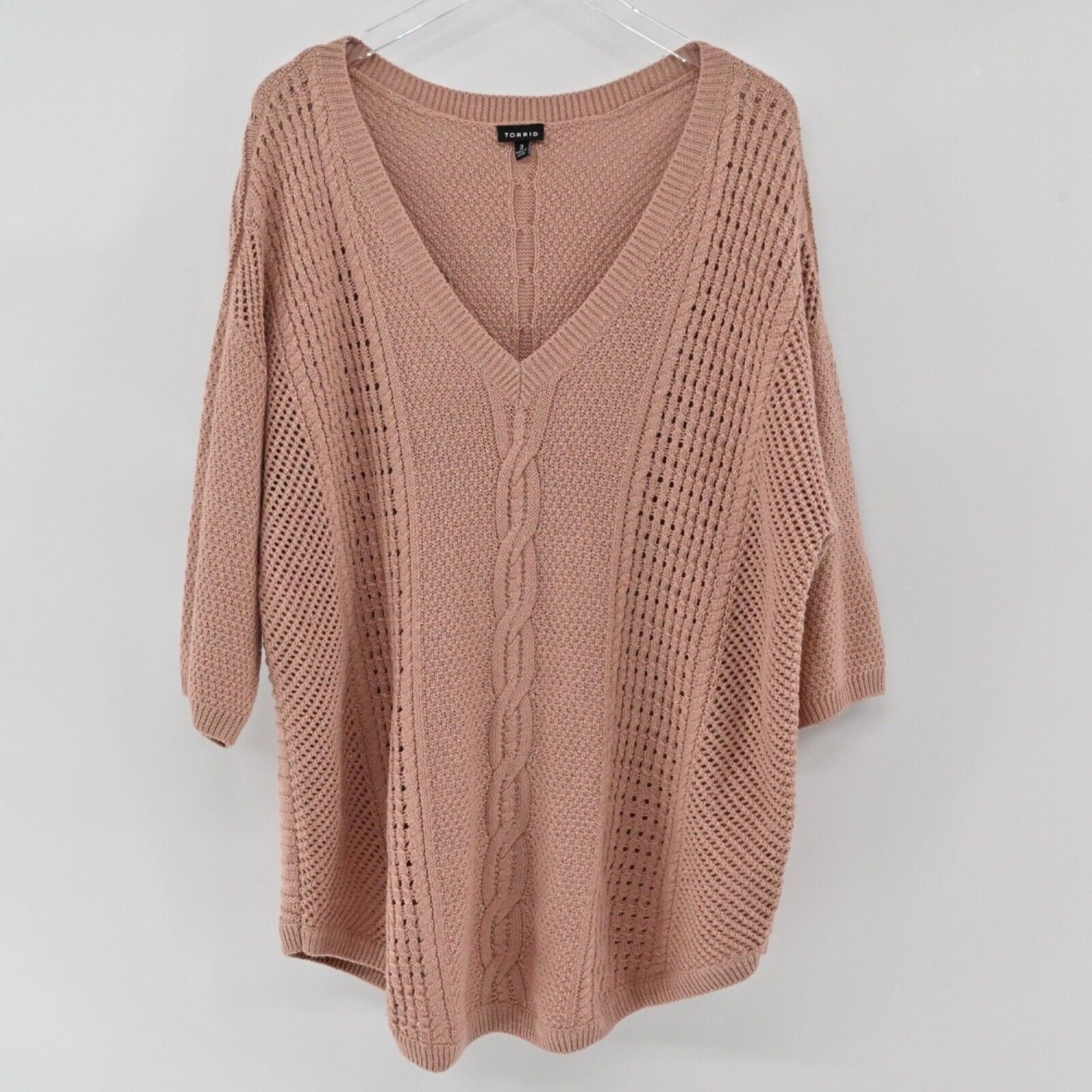 TORRID Sweater Women Sz 3X Pink Metallic Wool Blend Cable Knit Dolman 3/4 Sleeve