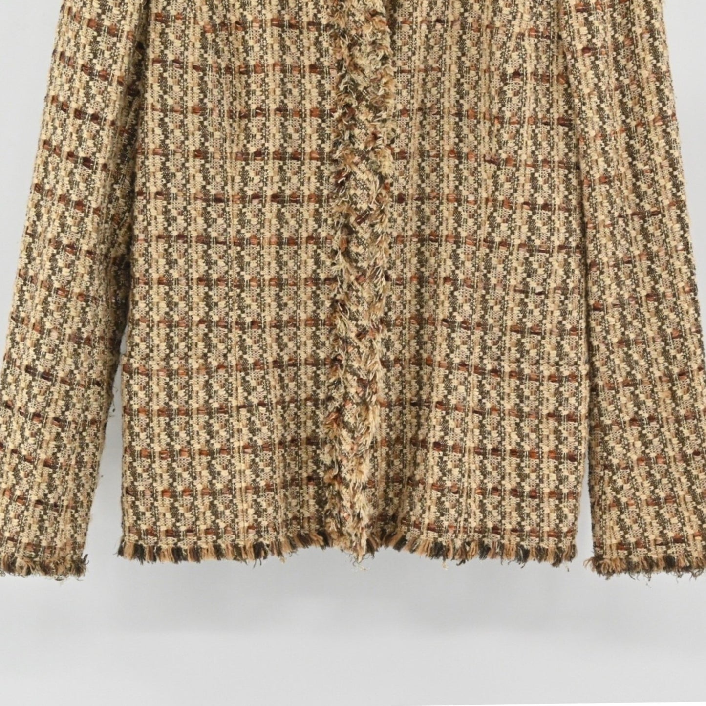 Vtg DANA BUCHMAN Womens Tweed Blazer Size 6 Brown Preppy Plaid Fringe Jacket