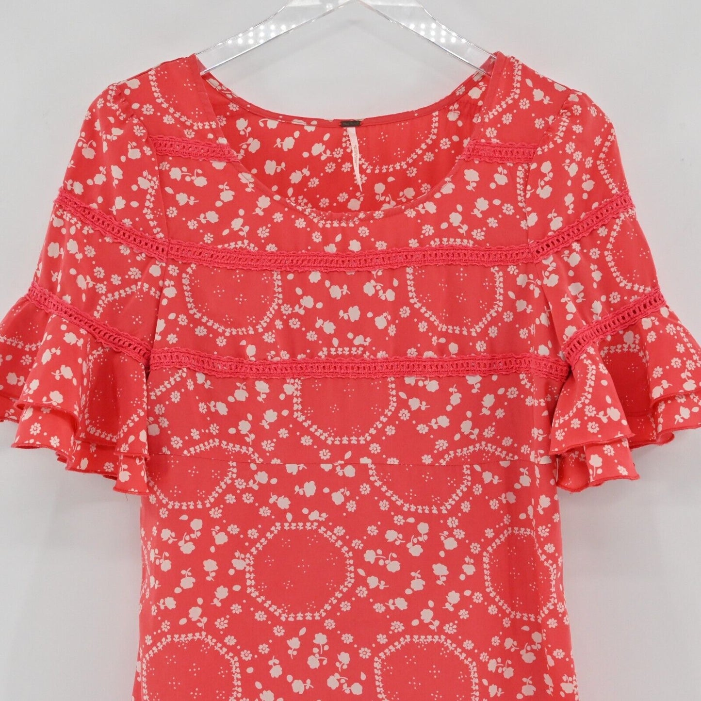 FREE PEOPLE Dress Womens Size 4 Geo Garden Floral Print Ruffled Sleeve Shift