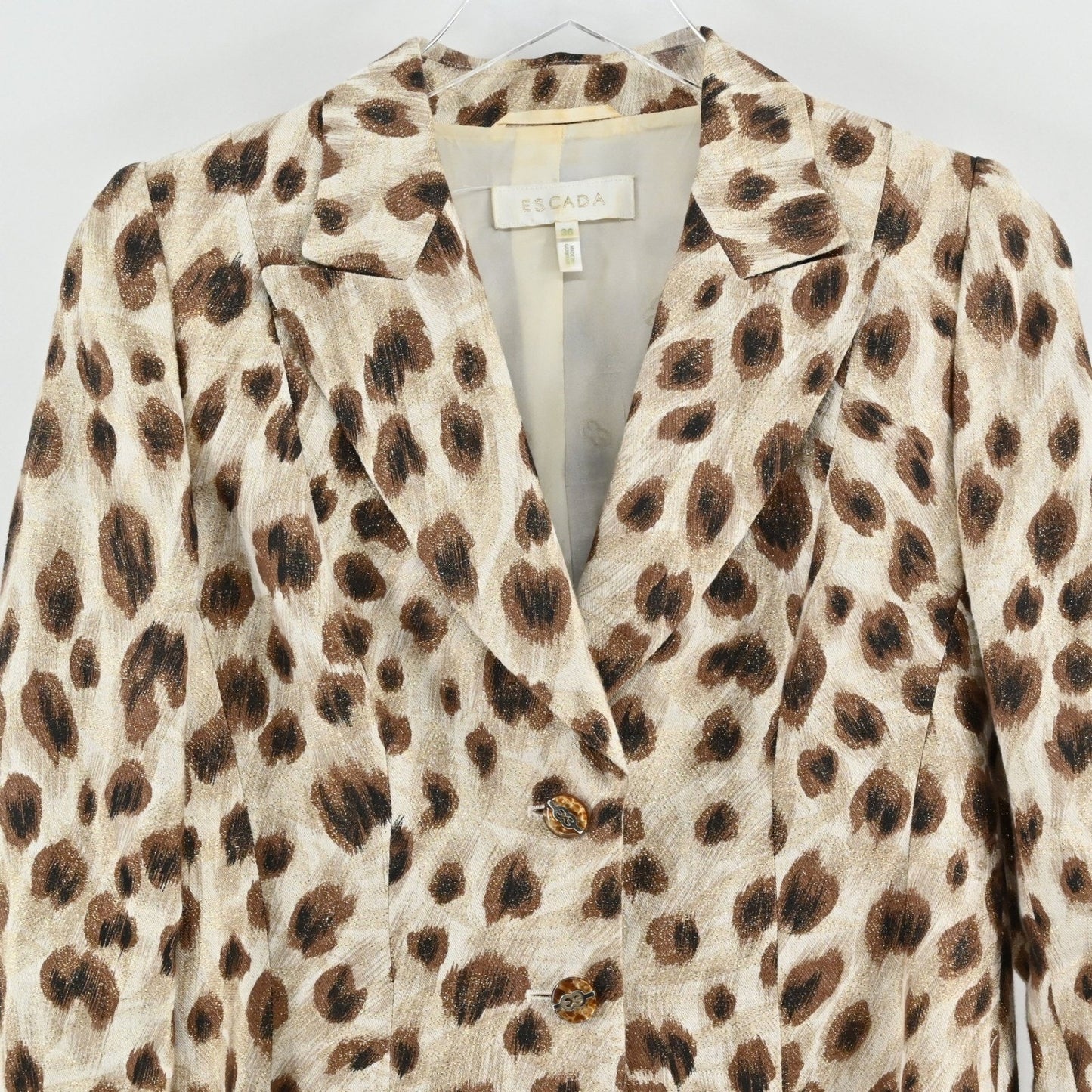 Vtg Escada Womens Blazer Size 36 Leopard Print Linen Gold Metallic Jacket Luxury
