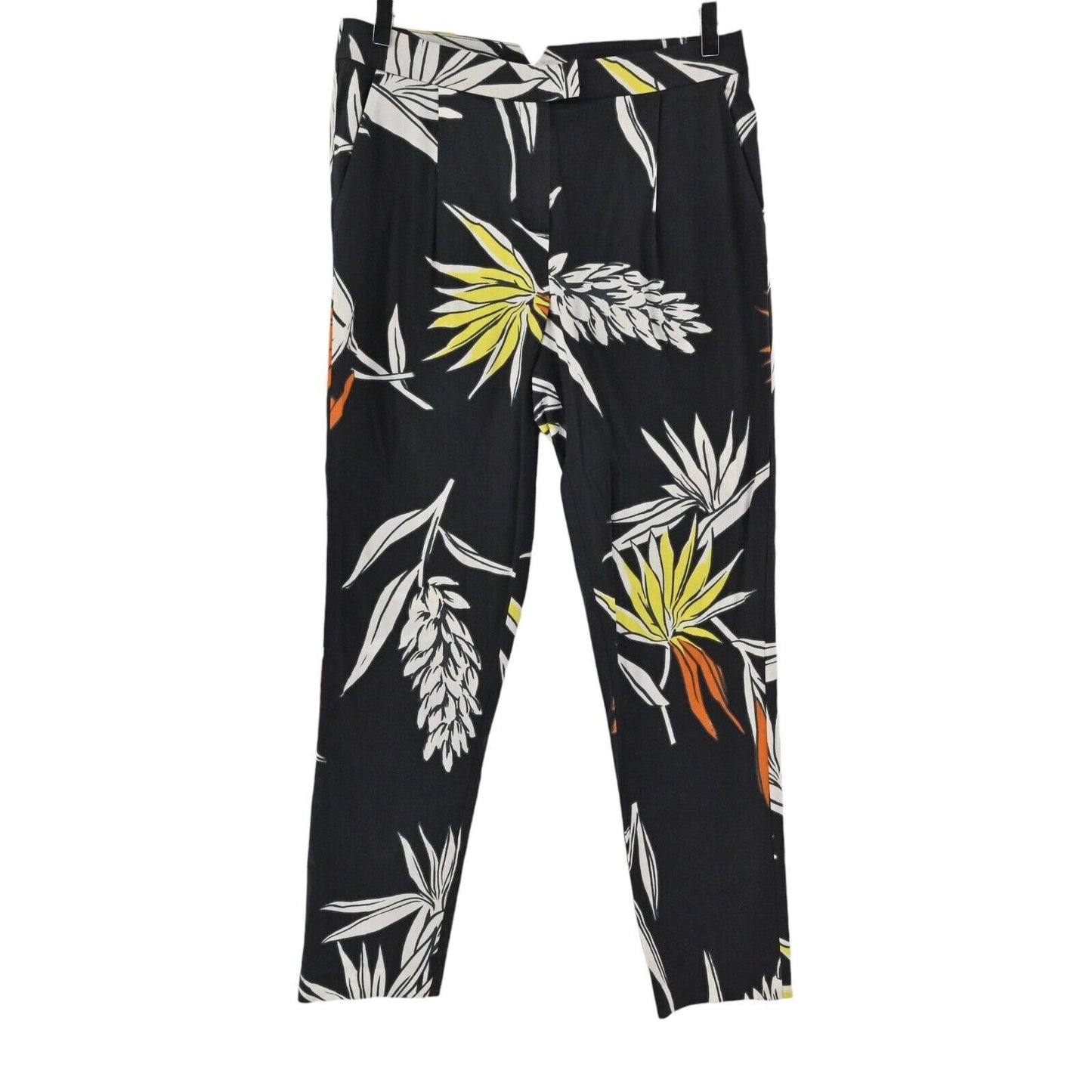 BEATRICE B Pants Women Sz M Black Tropical Floral Cotton Mid Rise Pleated Skinny
