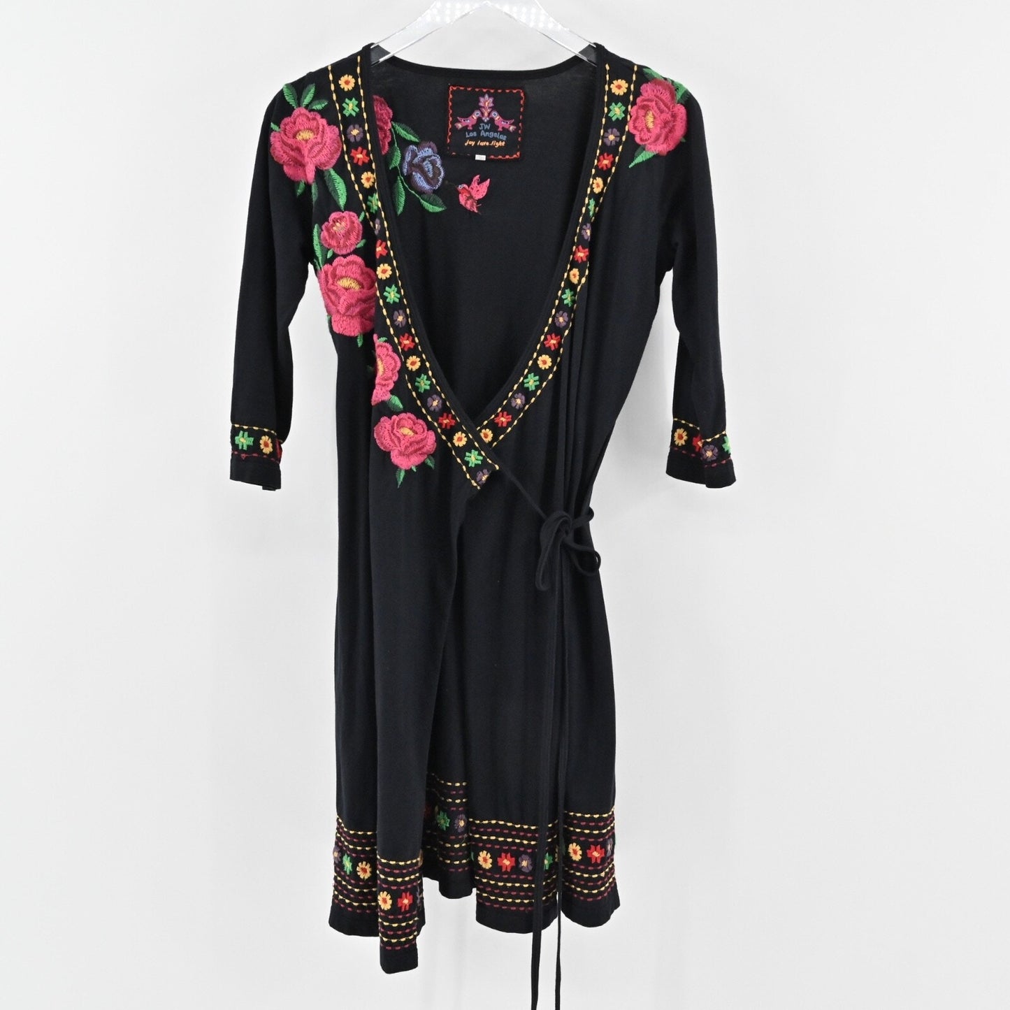 JOHNNY WAS Embroidered Wrap Dress Size S Black Floral Cotton V Neck 3/4 Sleeve