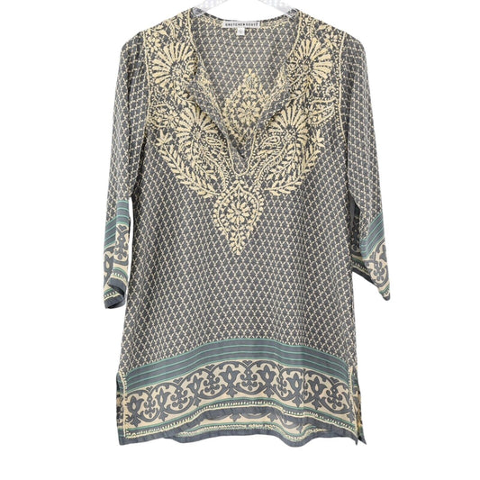 GRETCHEN SCOTT Tunic Top Womens Sz S Blue Silk Embroidered Boho Print 3/4 Sleeve