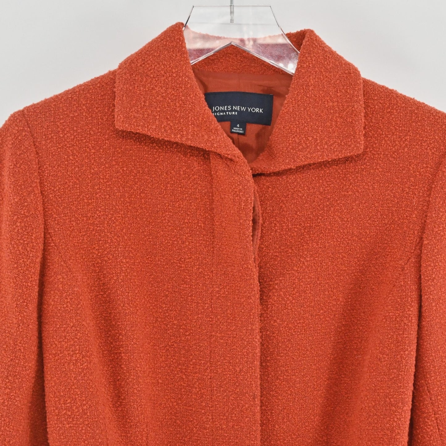 JONES NY Womens Wool Tweed Jacket Size 4 Red Orange Belted Button Retro Collared
