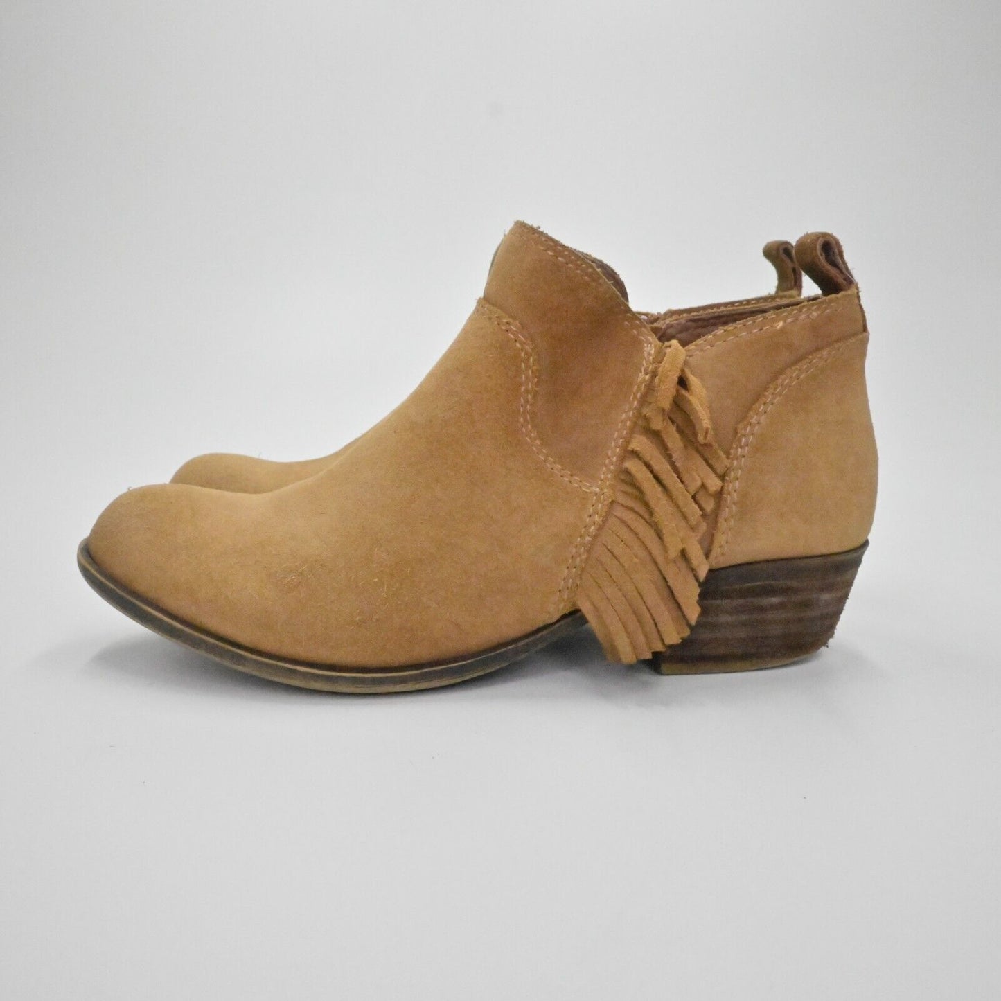 LUCKY BRAND Booties Womens Sz 6.5 Banji Ankle Fringe Stacked Heel Chestnut Brown