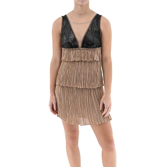 BCBGMAXAZRIA Dress Womens Size XXS Nude Black Averil Crinkle Crepe Retro Glam