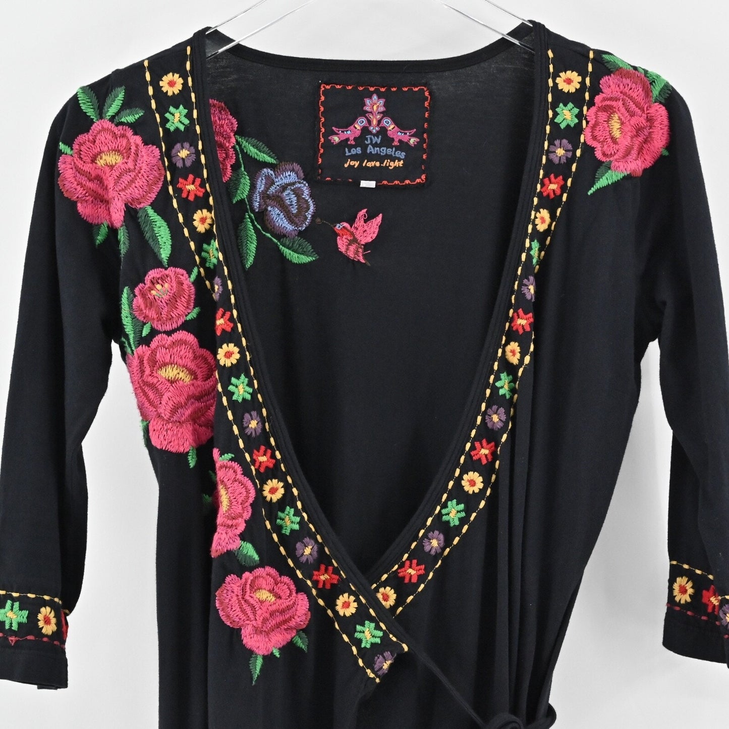 JOHNNY WAS Embroidered Wrap Dress Size S Black Floral Cotton V Neck 3/4 Sleeve