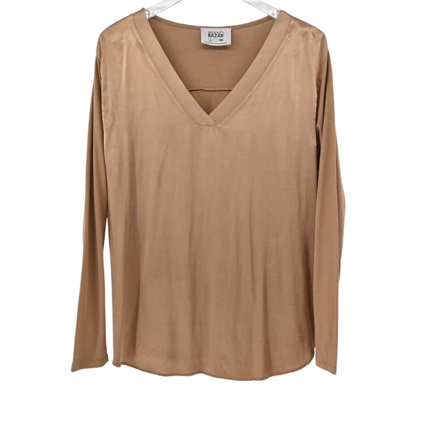 BRAND BAZAR Top Womens Size L Brown Satin Cotton Jersey Knit V Neck Long Sleeve