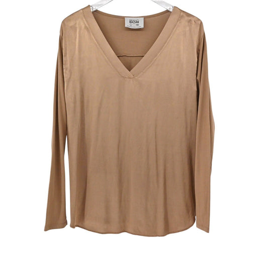 BRAND BAZAR Top Womens Size L Brown Satin Cotton Jersey Knit V Neck Long Sleeve