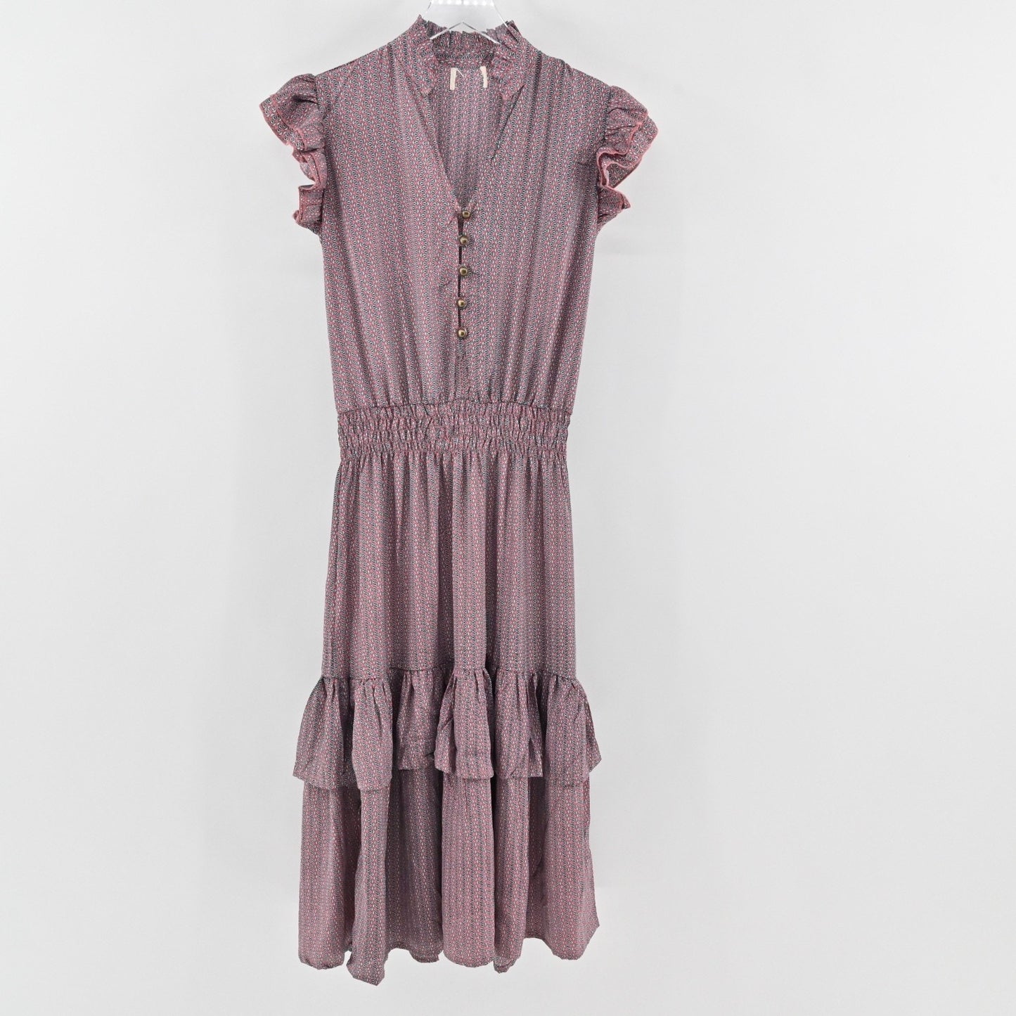 PERRY WALKER COLLECTIVE Cornelia Midi Dress Size M Pink Floral Silk Peasant Boho