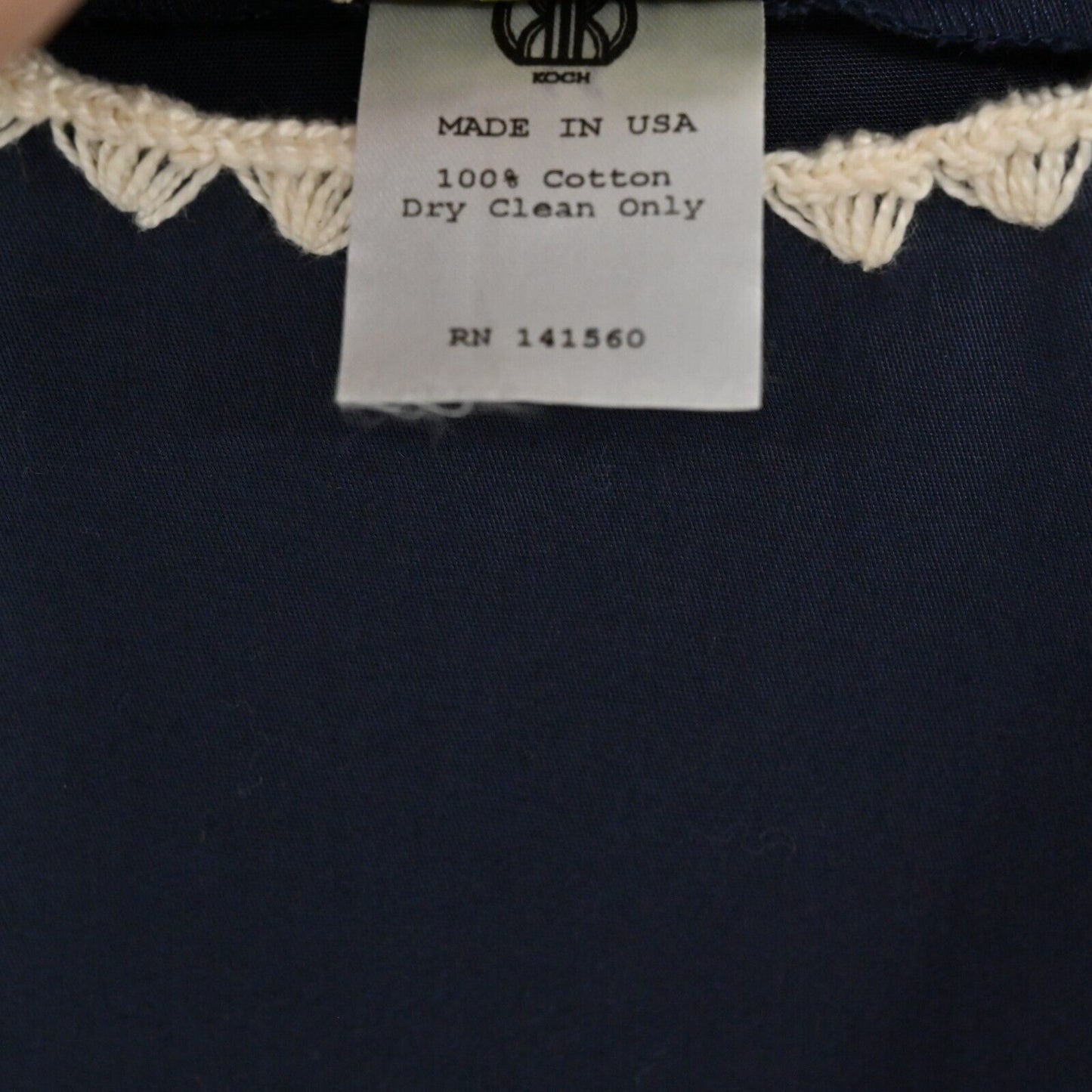 KOCH Dress Sz S Embroidered Trim Navy Long Sleeve Cotton Poplin Cottagecore Boho