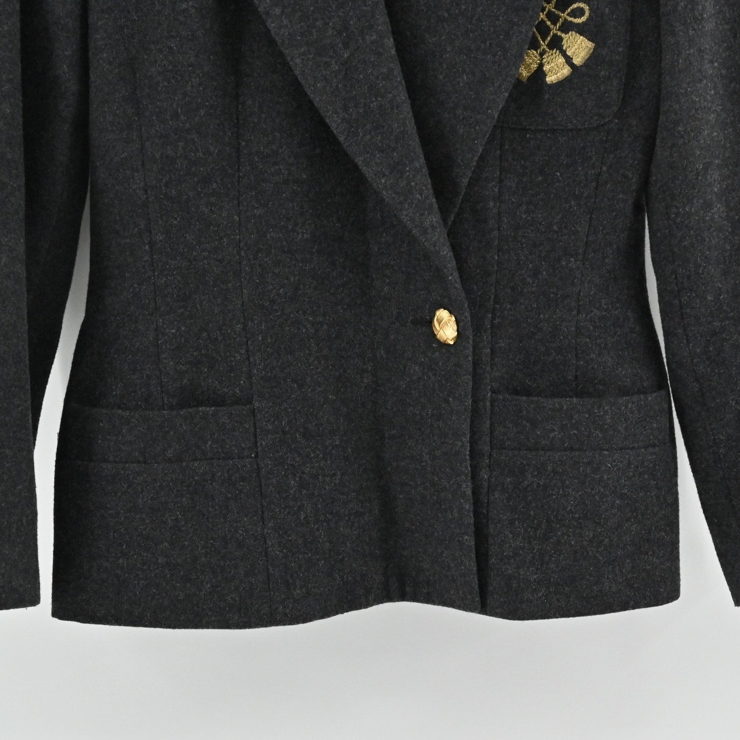 Vtg 80s Womens Wool Patch Blazer Size 8 Gray Gold Tassel Academia USA Jacket