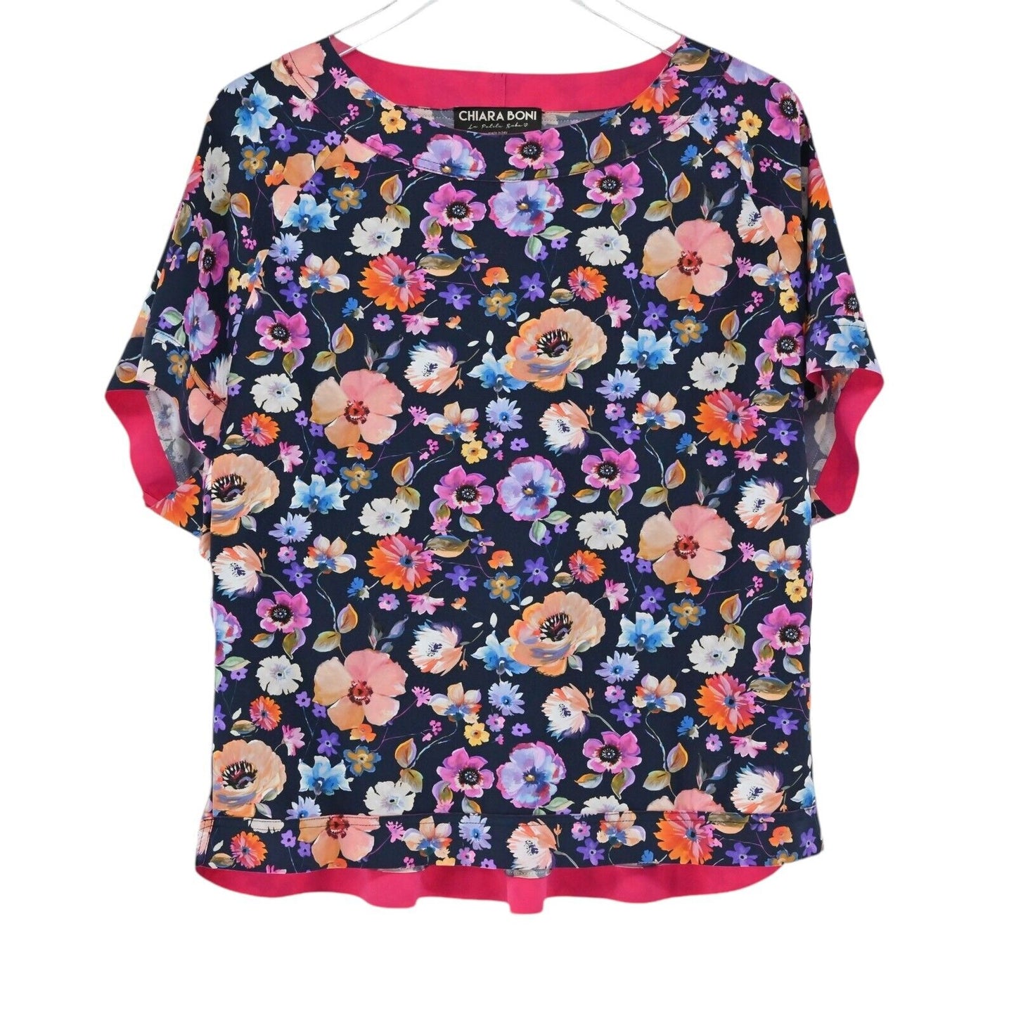 CHIARA BONI Top Womens Size M Navy Blue Floral Dolman Short Sleeve Preppy Boho