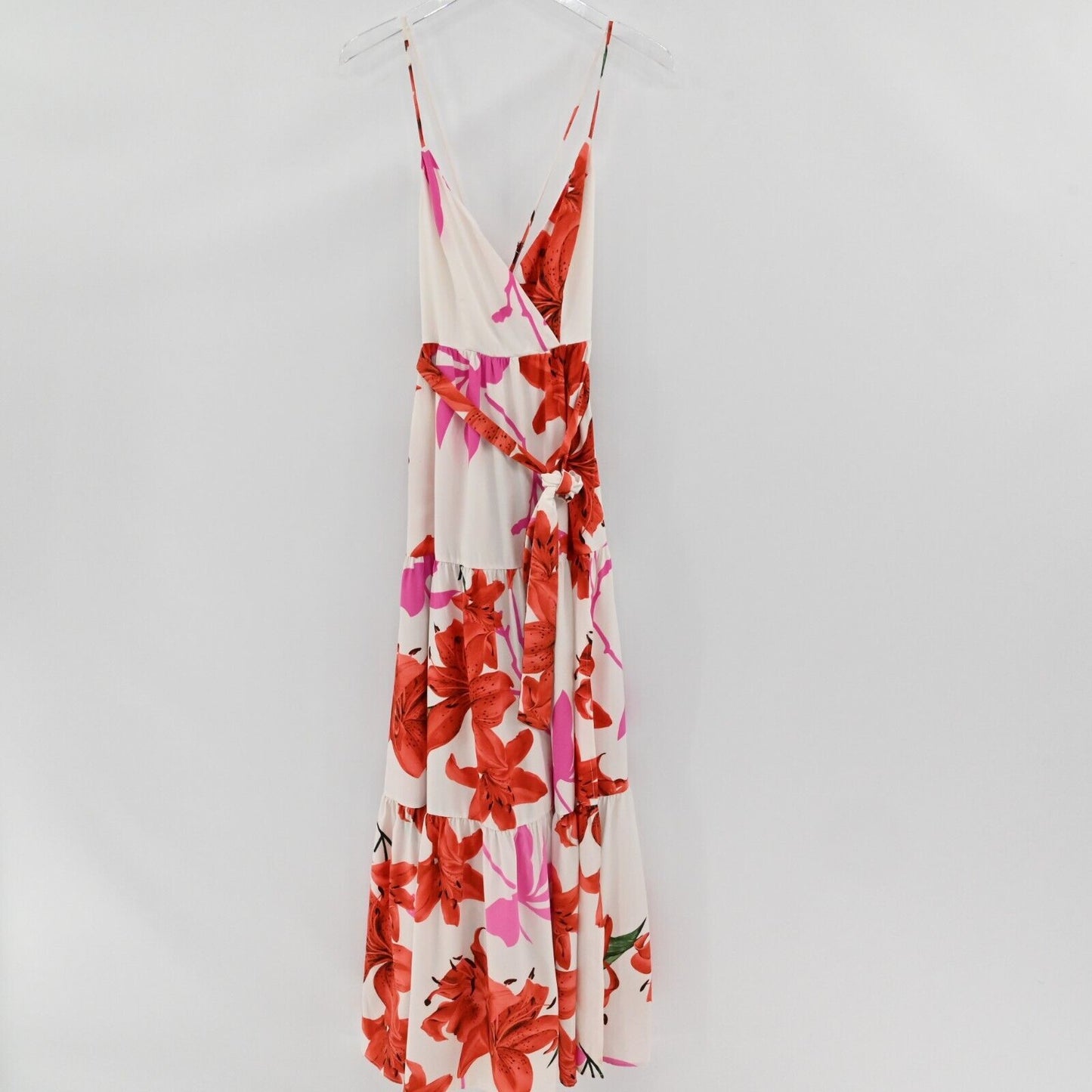 THE SANG Dress Sz S Sleeveless Maxi Red Pink White Floral Tiered Tie Waist Beach