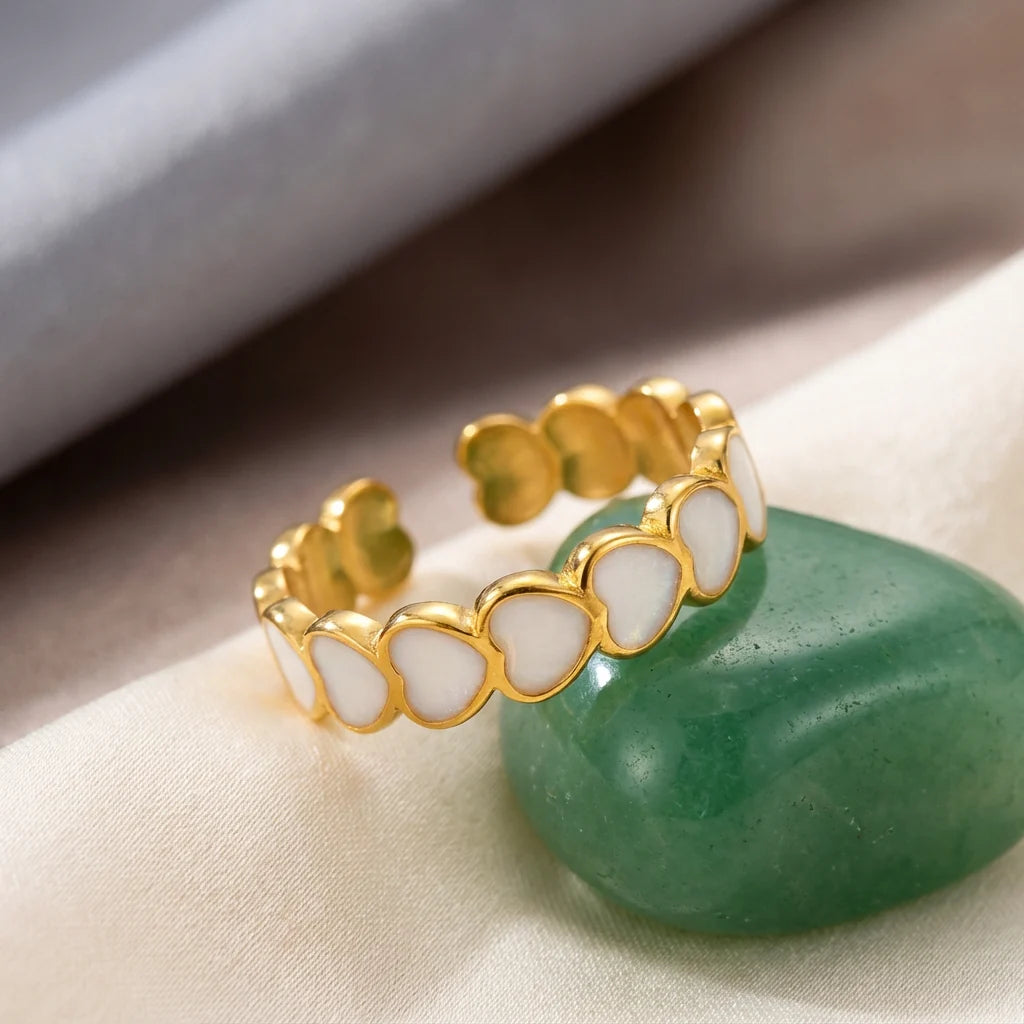 18K Gold Plated Stainless Steel White Heart Adjustable Ring
