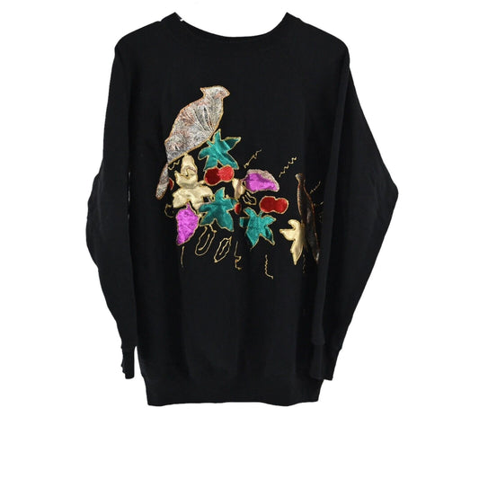 Vtg HANES Sweatshirt Womens Size L Black Glitter Puff Paint Autumn Birds USA 90s