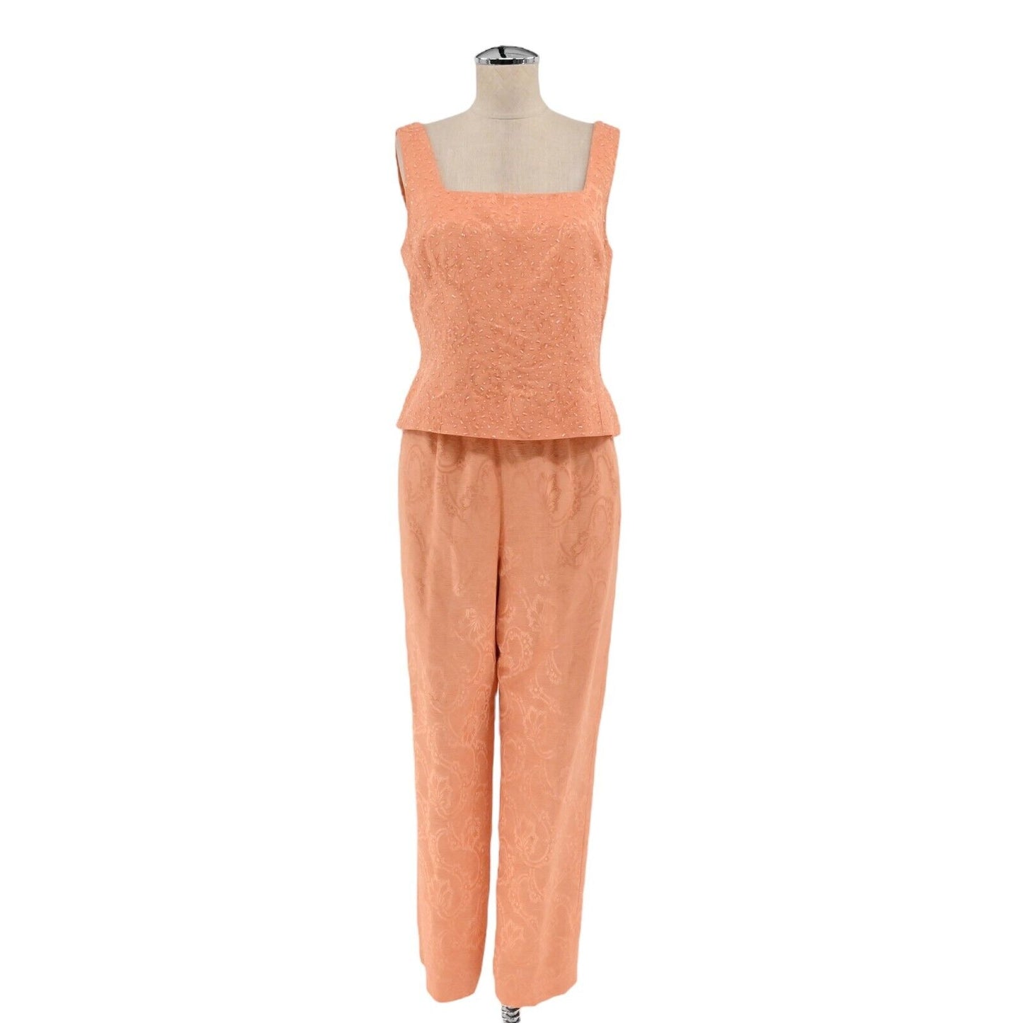 Vtg CARLISLE Set Womens Sz 4/6 Coral Beaded Square Tank Jacquard Straight Pants